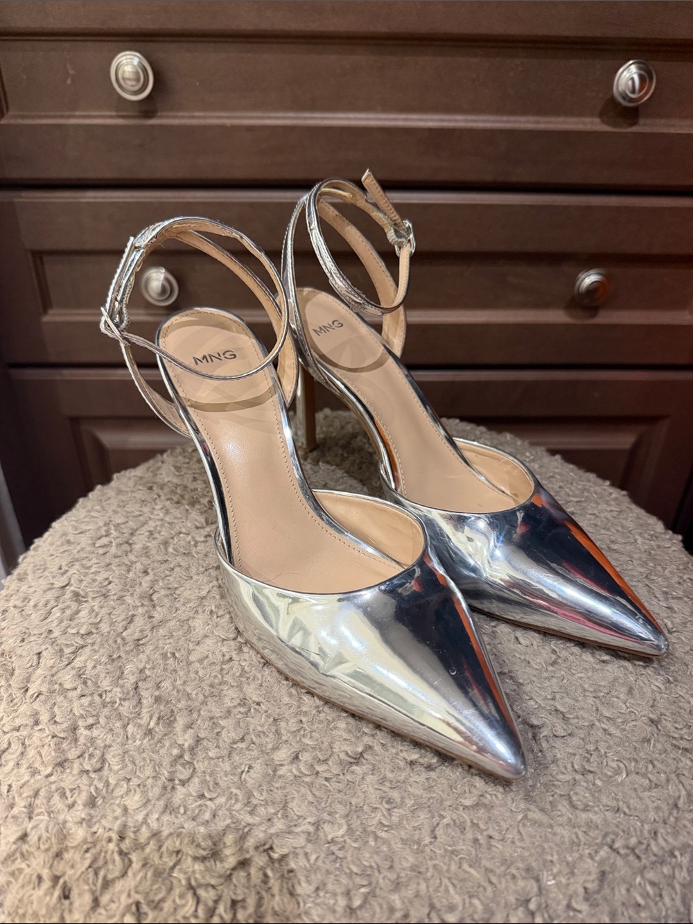 Mango Metallic Silver Pointed-Toe Ankle-Strap Pumps